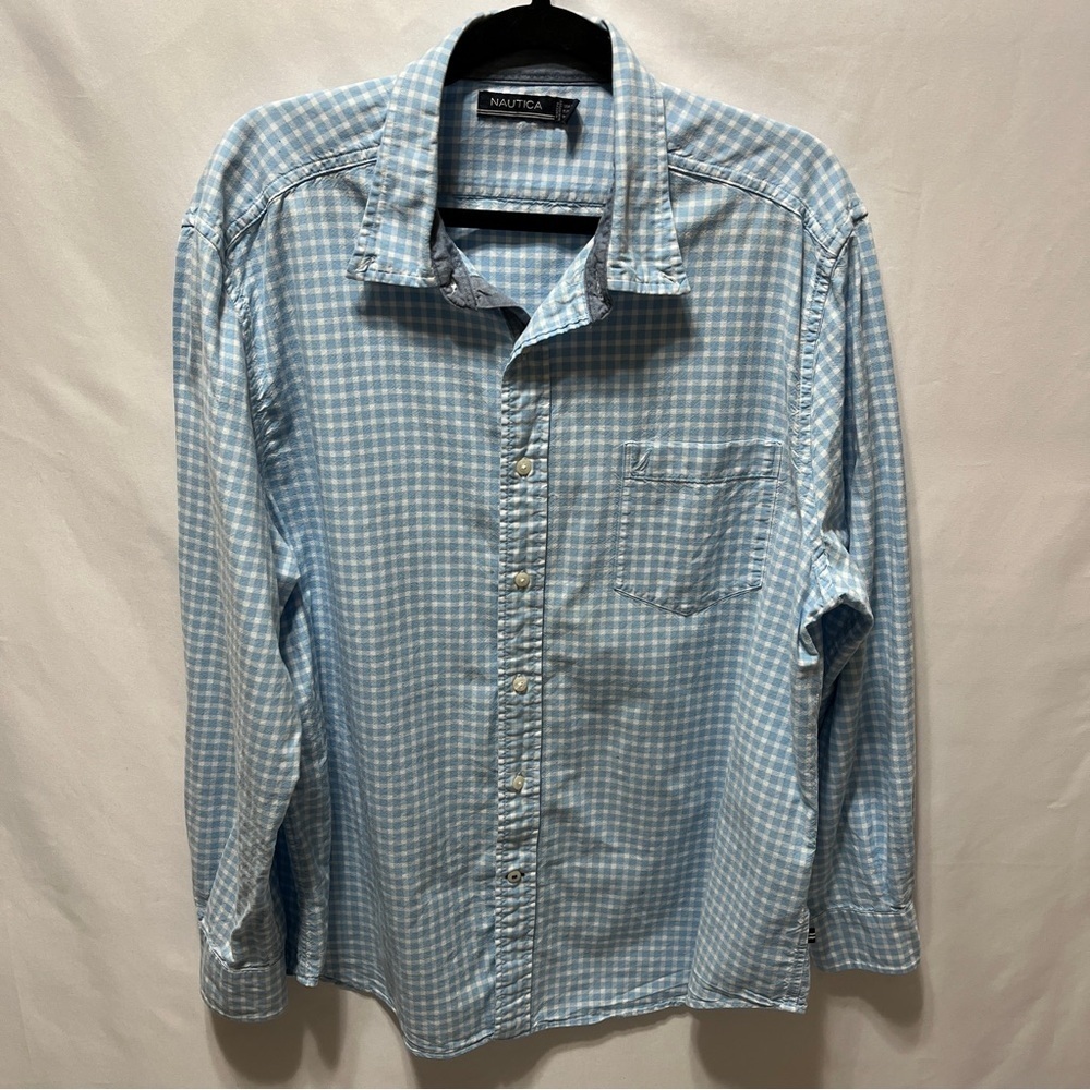 Nautica Men’s XL Button-Down Light Blue Gingham Logo Pocket